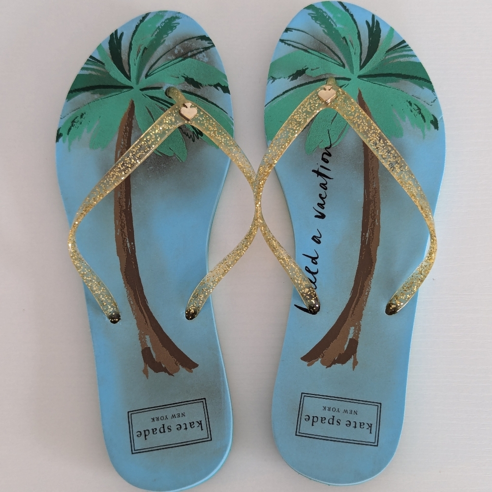 Kate Spade Blue Flip Flops with Palm Tree Design
